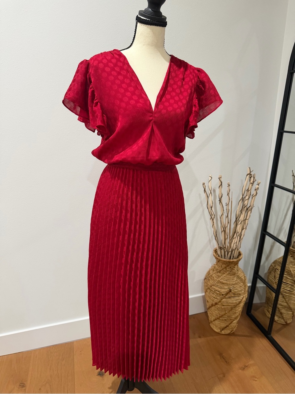 Max Studio Red Textured V-Neck Midi Dress